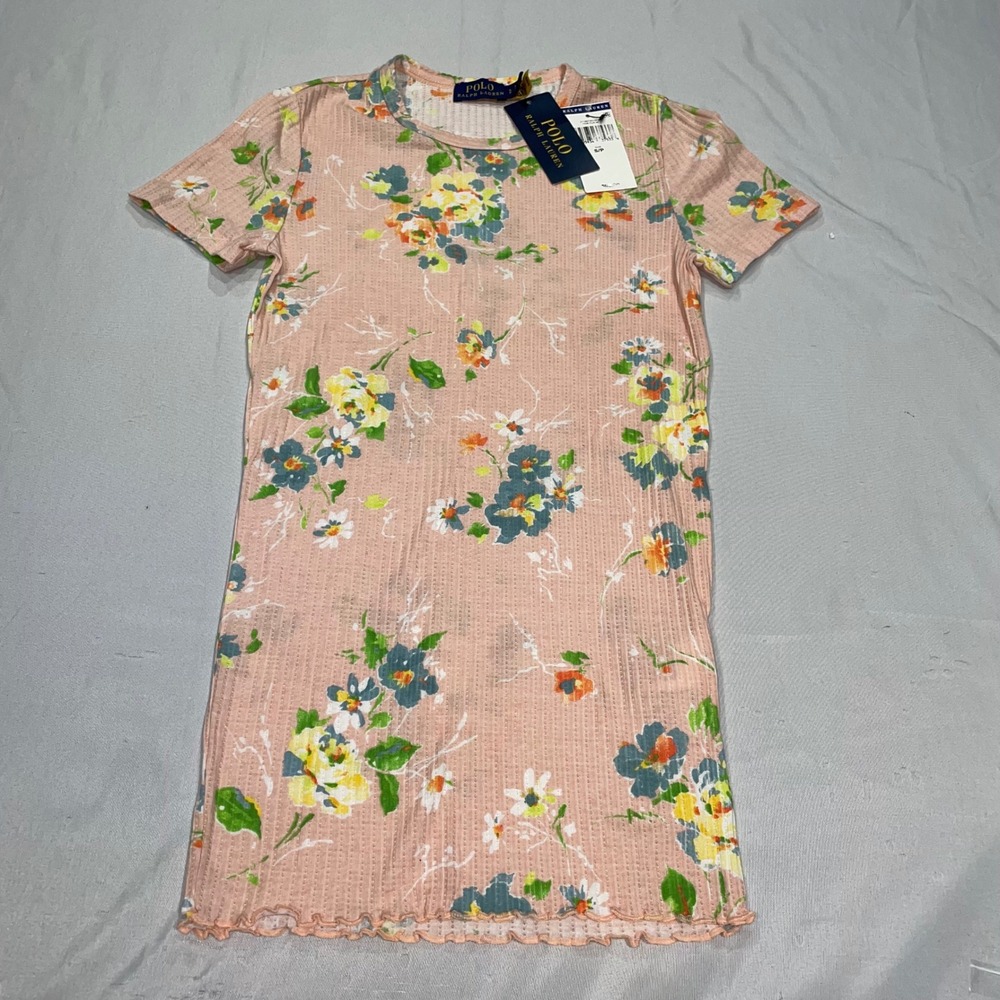 Polo Ralph Lauren Pink Floral Ribbed Lettuce Trim T-Shirt Women SP NWT